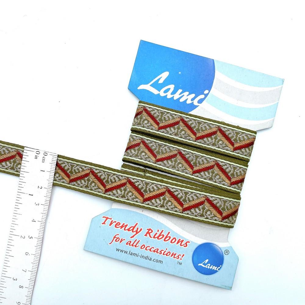 16mm Chevron Pattern Olive Green Jacquard Ribbon Trim, view 1