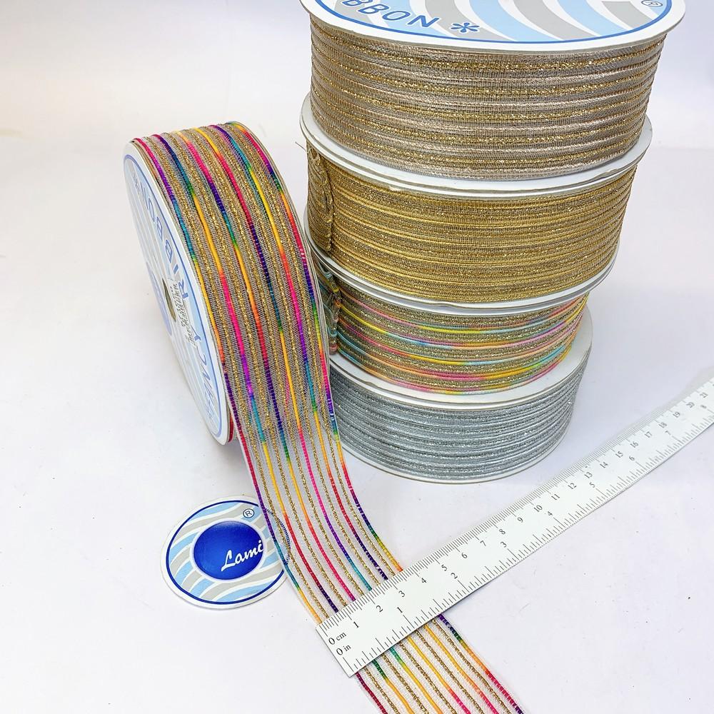 38 mm Sheer Ribbon with 5 line Glitter Shiny Metallic Thread, view 1