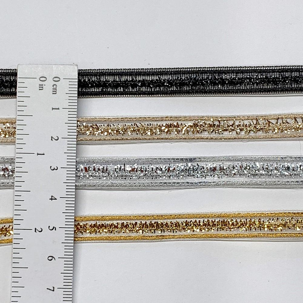 7 mm Sheer Ribbon with 3 line Glitter Shiny Metallic Thread, view 1