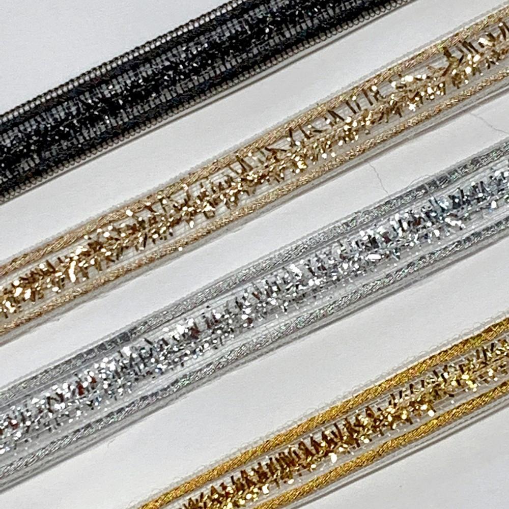 7 mm Sheer Ribbon with 3 line Glitter Shiny Metallic Thread, view 2
