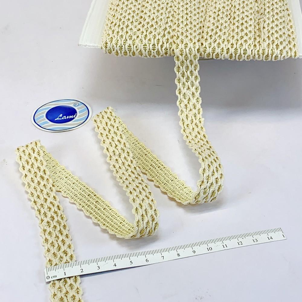18mm Elegant Cotton Cream Braided Trim with Gold Thread Detailing, view 1
