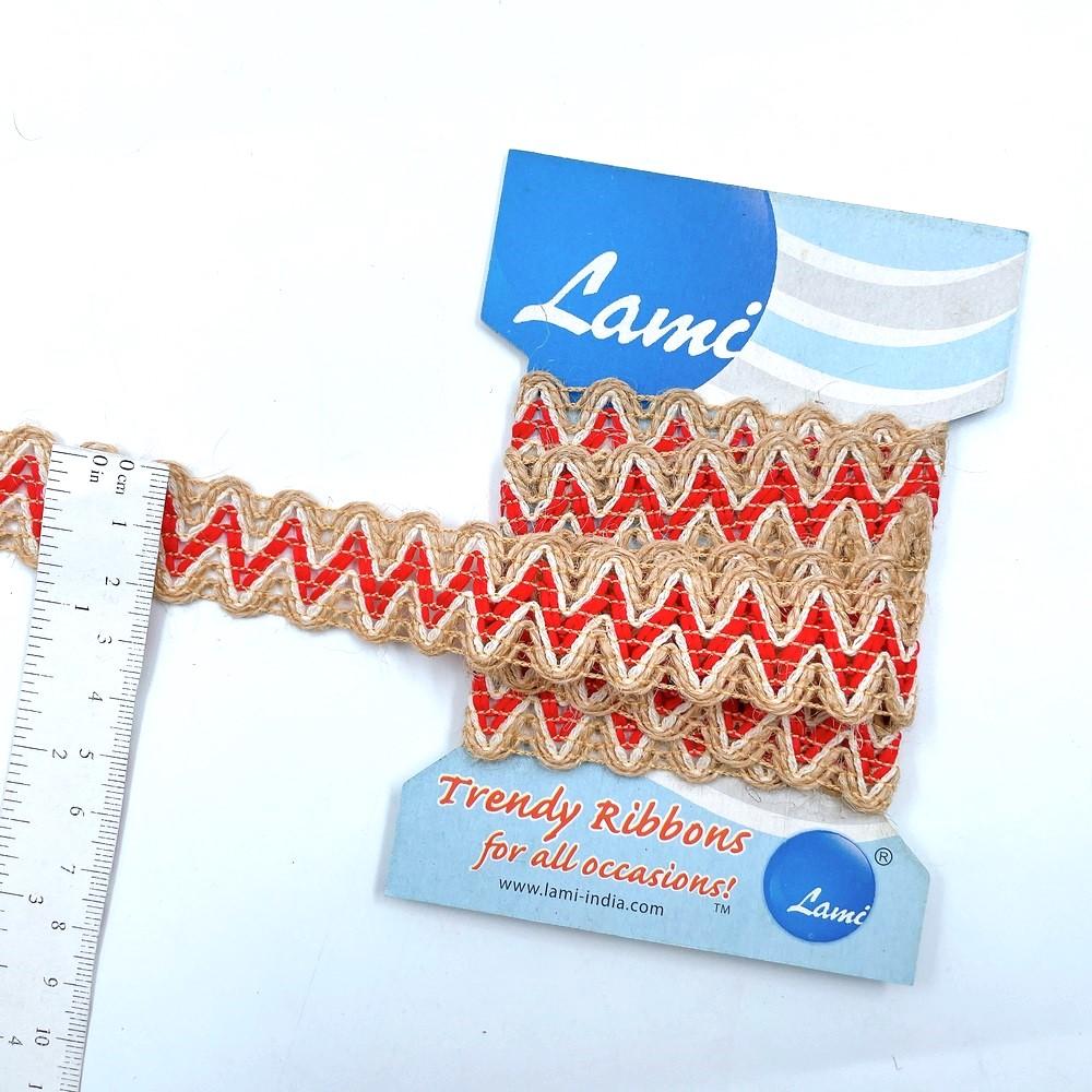 24mm Jute Lace Trim with Red Thread Work – 1 Meter Pack, view 1