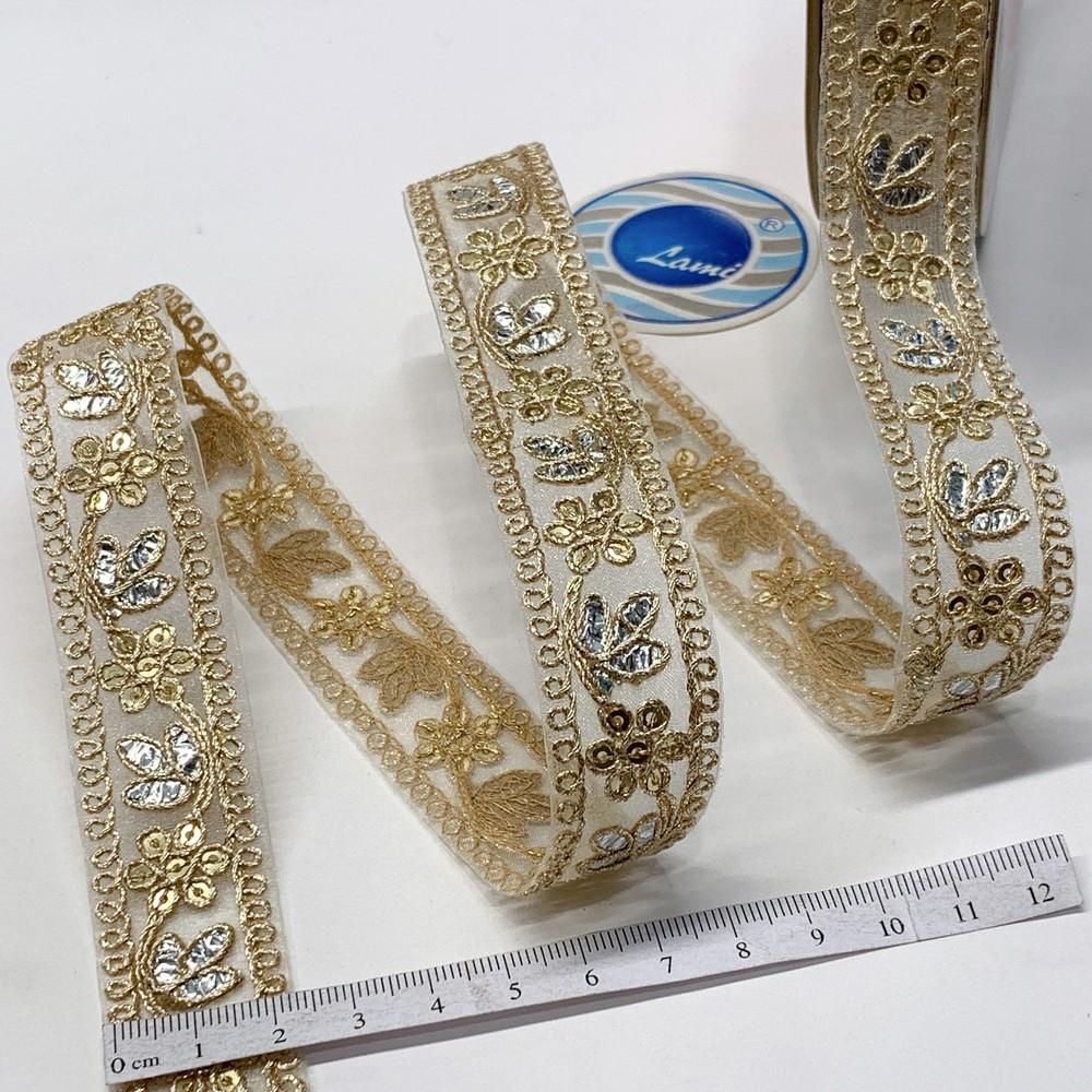 24mm Designer Sequins Embroidery Lace With Dori Work and Silver Foil, view 3