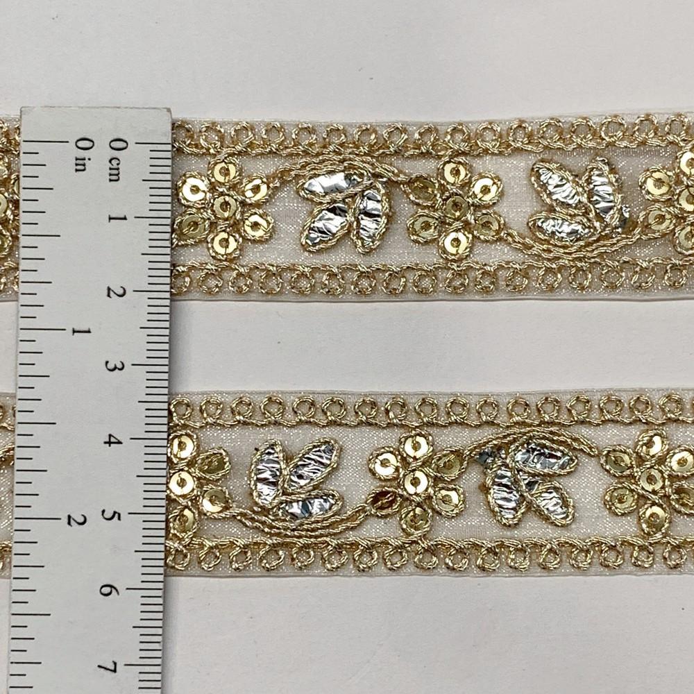 24mm Designer Sequins Embroidery Lace With Dori Work and Silver Foil, view 1