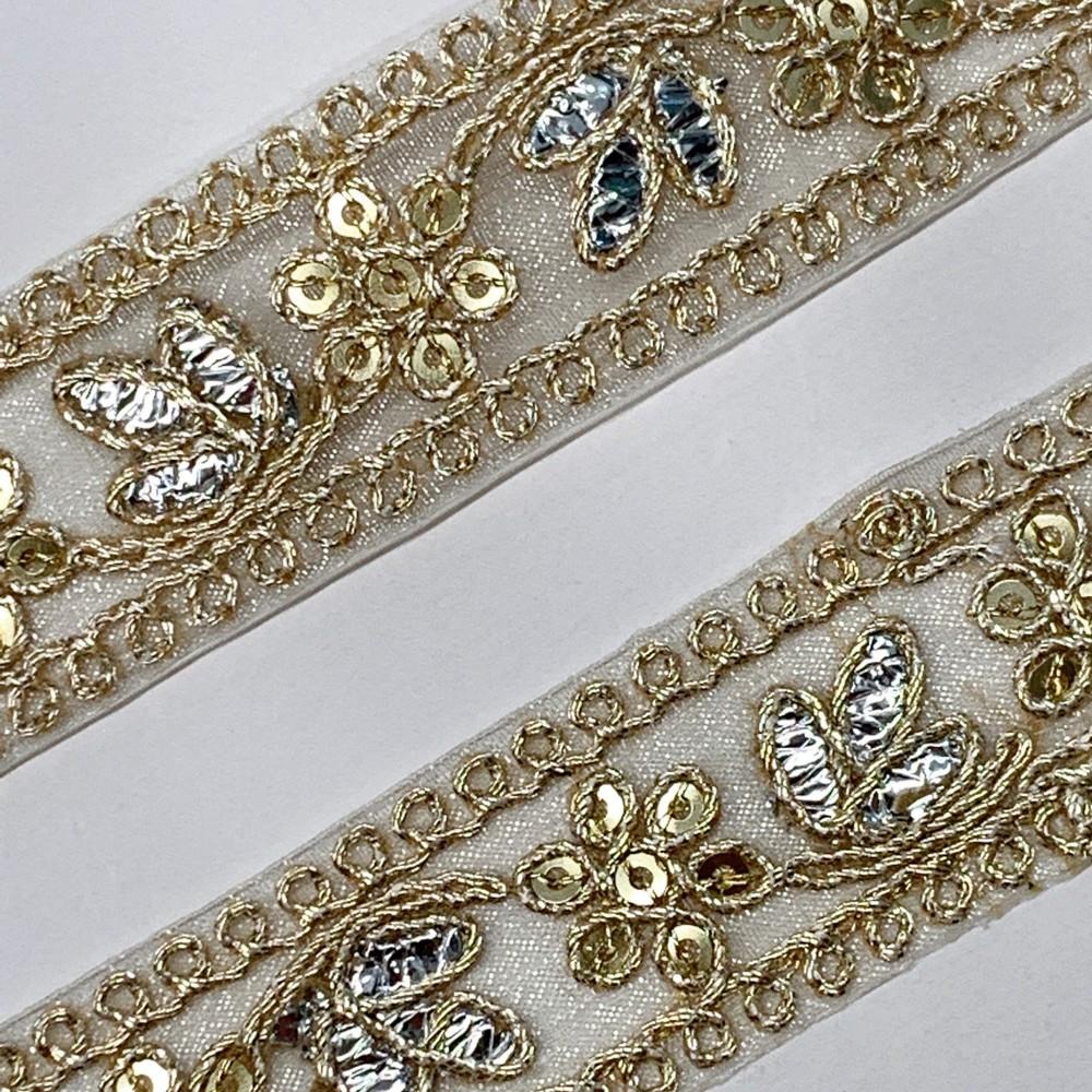24mm Designer Sequins Embroidery Lace With Dori Work and Silver Foil, view 2