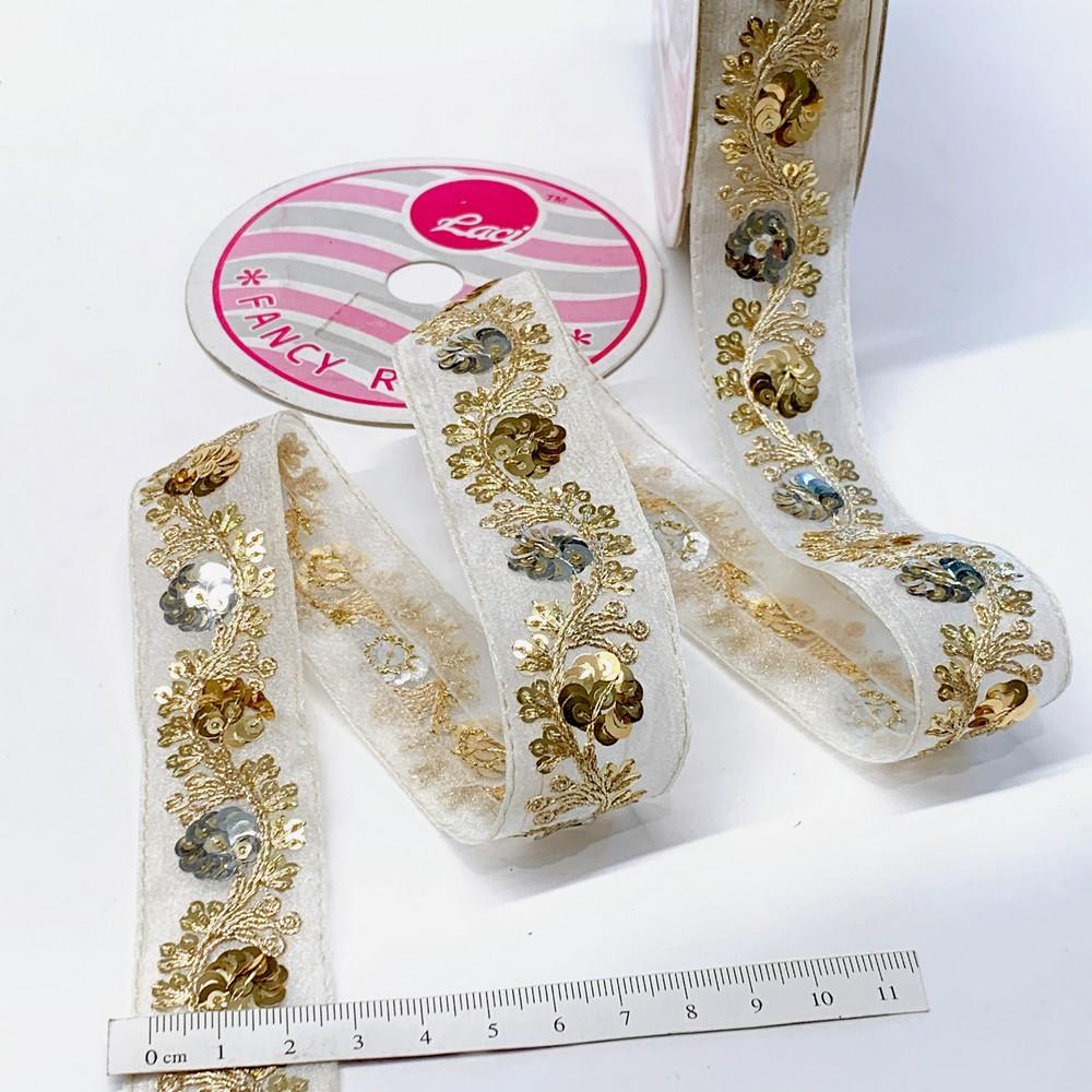 30mm Floral Design Sequins Embroidery Lace With Dori Work, view 3