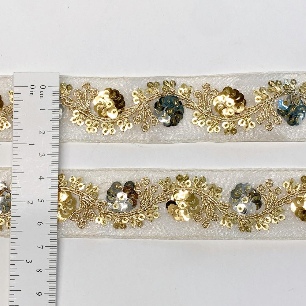 30mm Floral Design Sequins Embroidery Lace With Dori Work, view 1