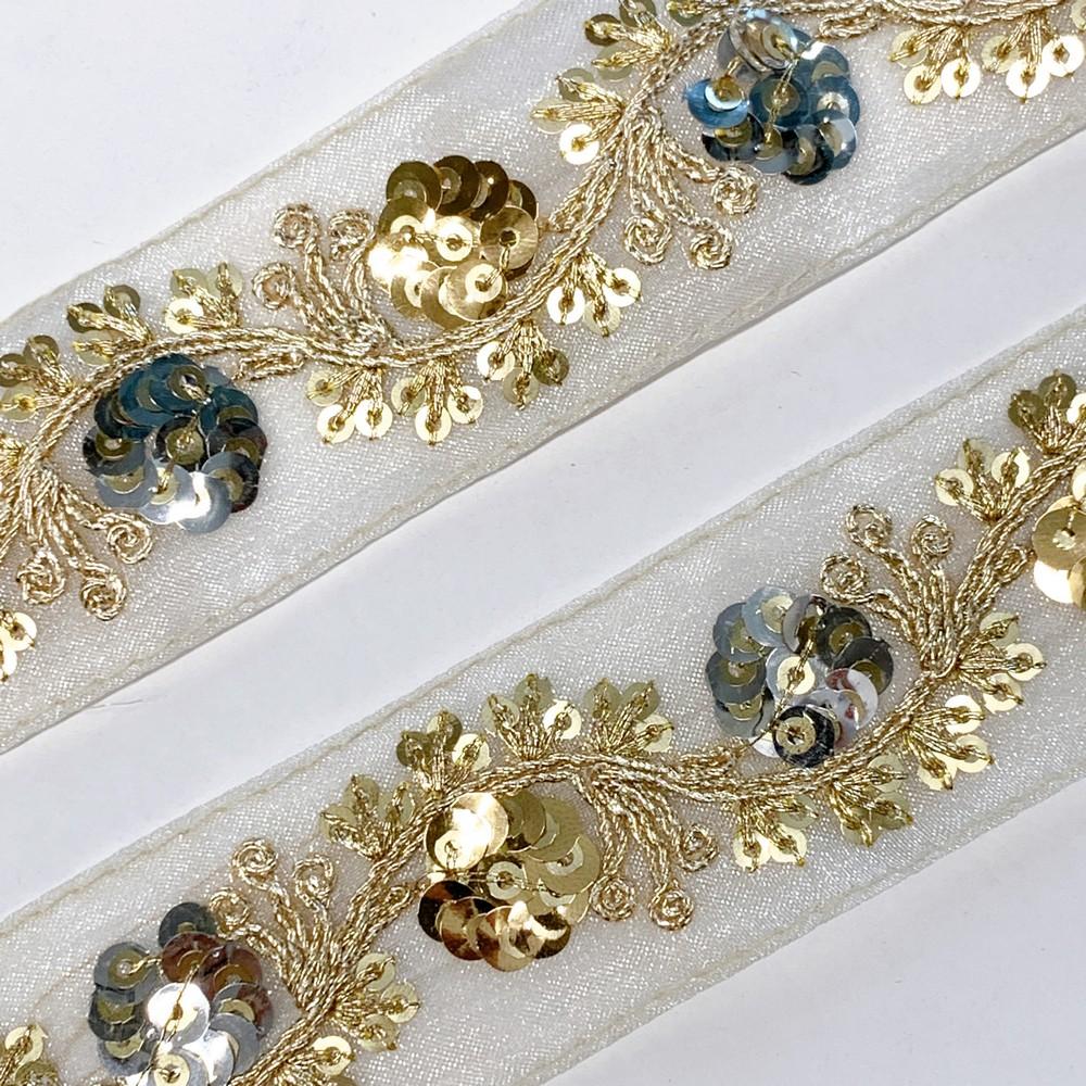 30mm Floral Design Sequins Embroidery Lace With Dori Work, view 2