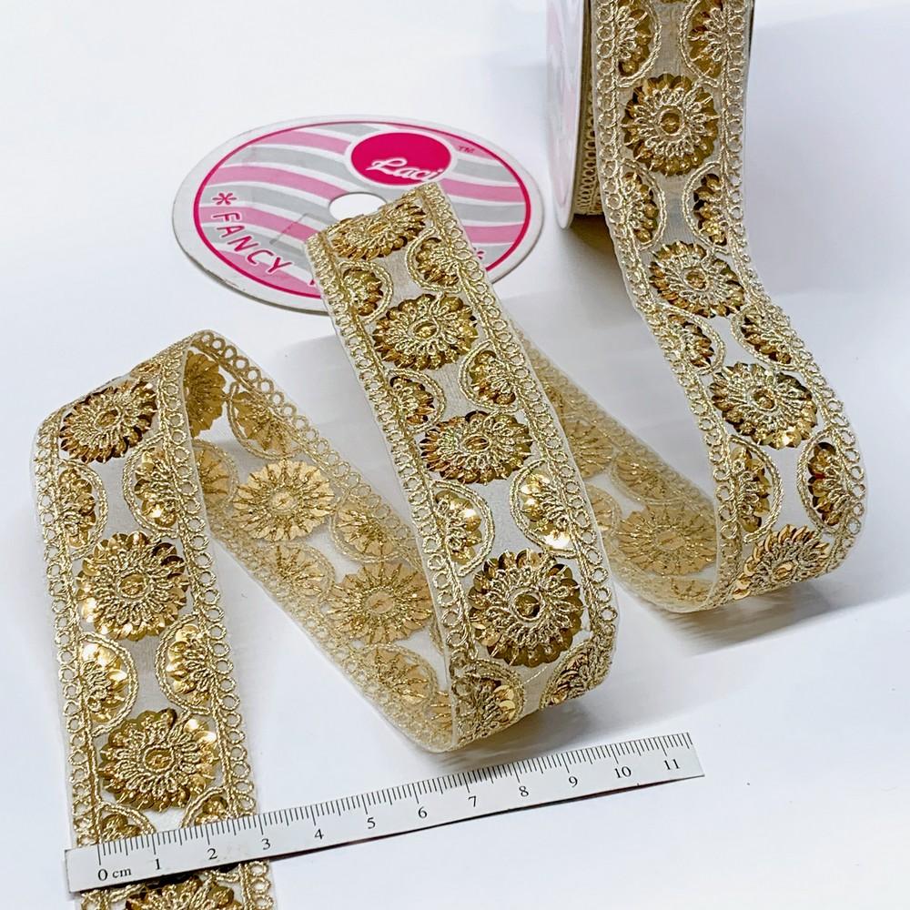 35mm Floral Design Sequins Embroidery Lace With Dori Work, view 3