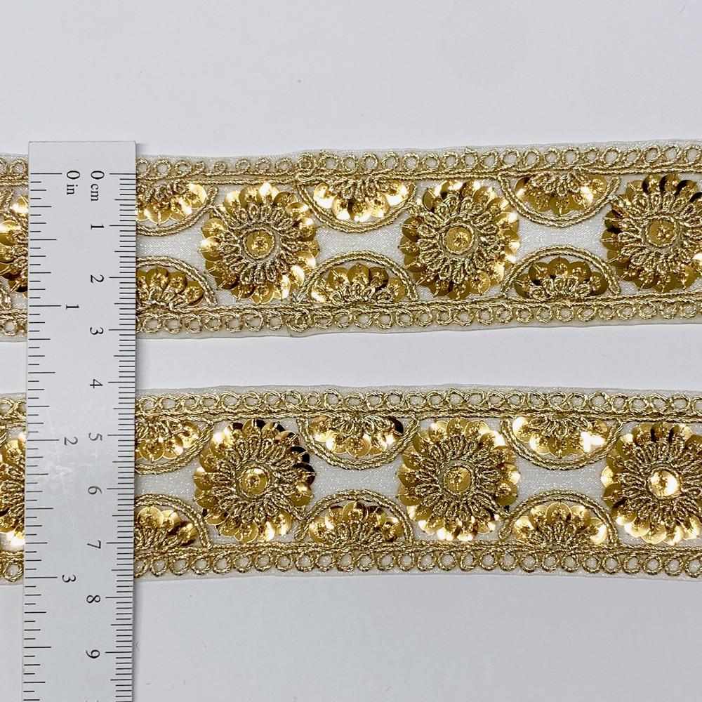 35mm Floral Design Sequins Embroidery Lace With Dori Work, view 1