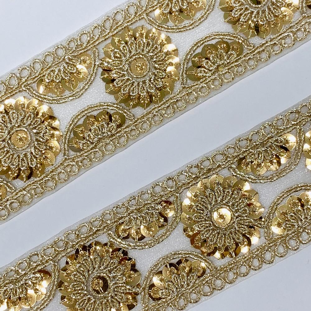 35mm Floral Design Sequins Embroidery Lace With Dori Work, view 2