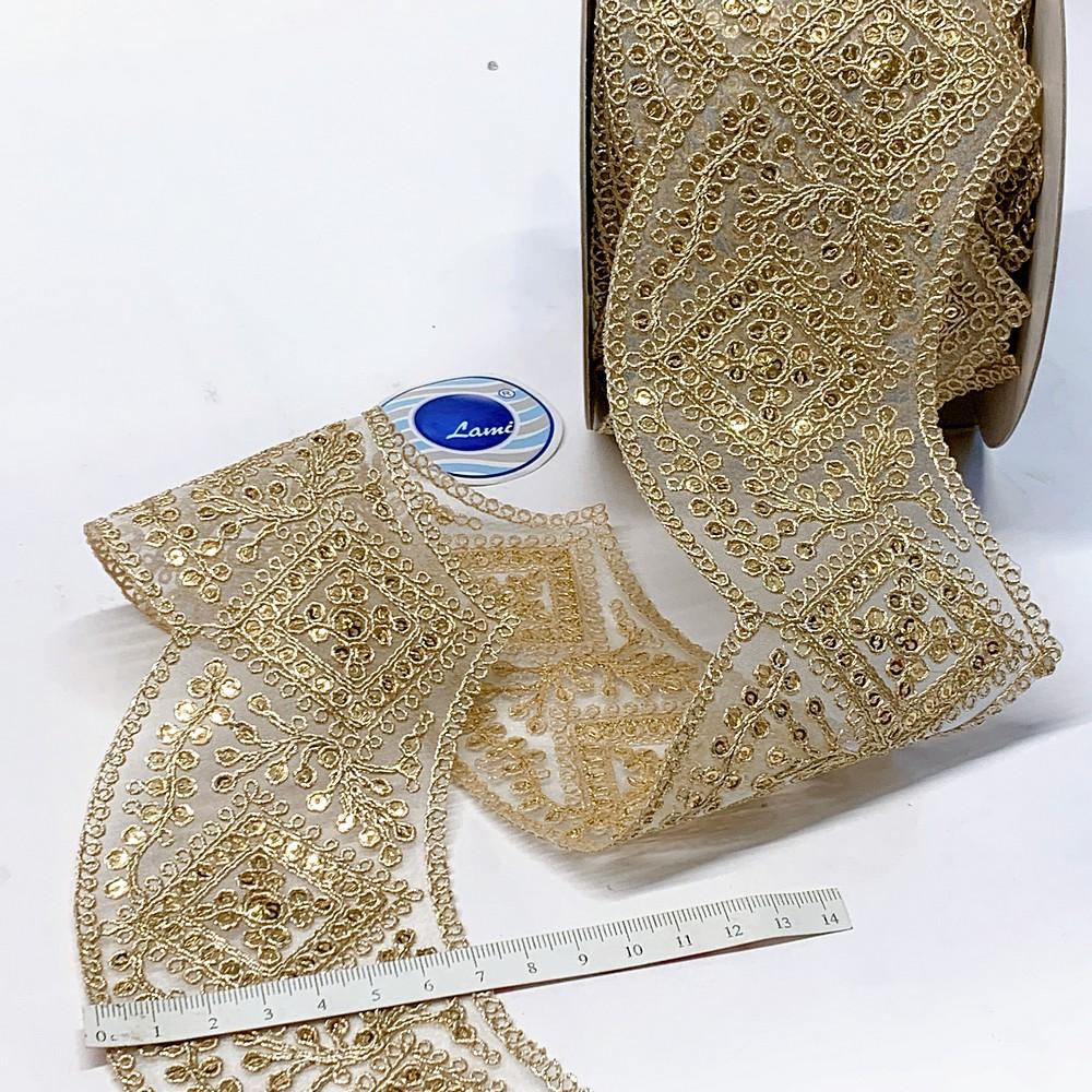 75mm Designer Embroidery Lace With Sequins And Dori Work, view 3