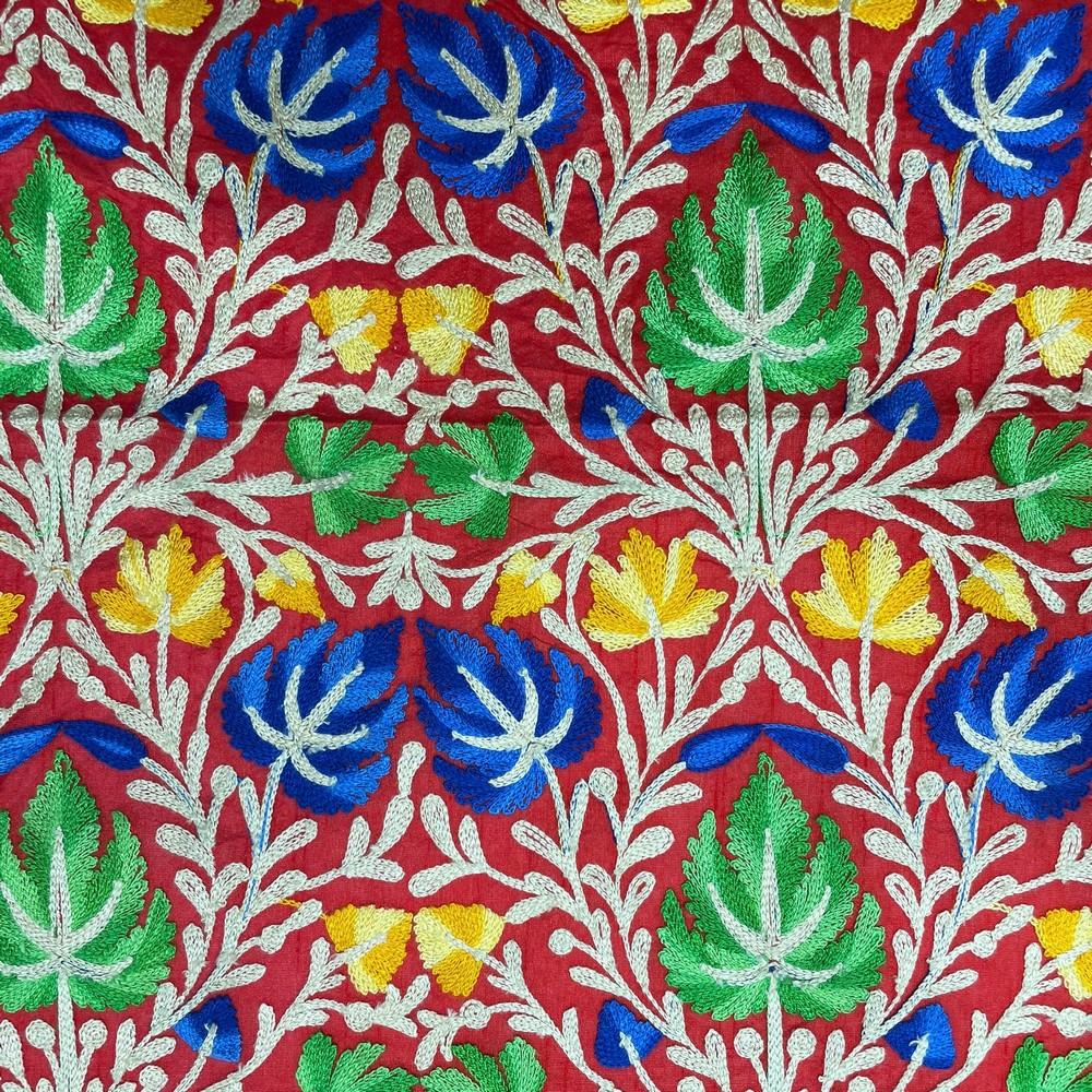 Vibrant Multicolor Kashmiri Aari Embroidery on Red Dupion Fabric 38" Width, view 1