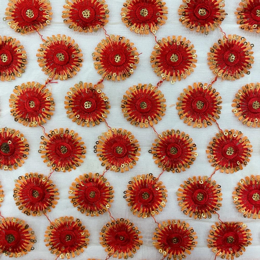 Red and Gold Sequin Circular Embroidery on Net Fabric 38" Width, view 1