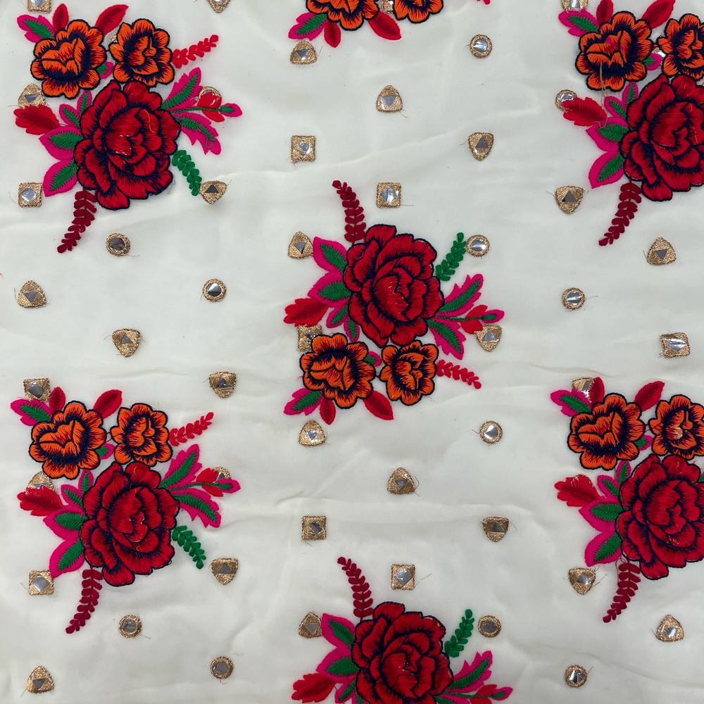 Red & Orange Floral Embroidery with Mirror Work on Cream Georgette 38" Width, view 1