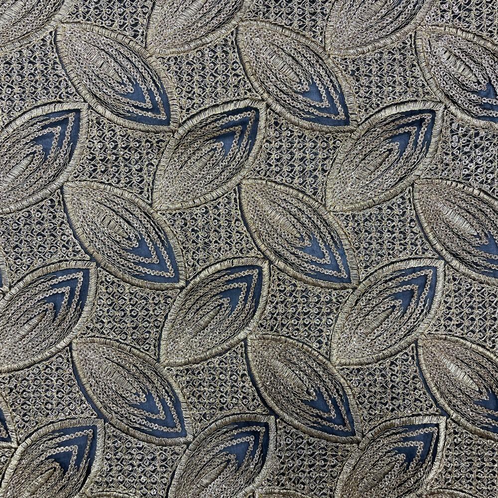 Metallic Leaf Motif Embroidery on Black Dupion Fabric 38" Width, view 1