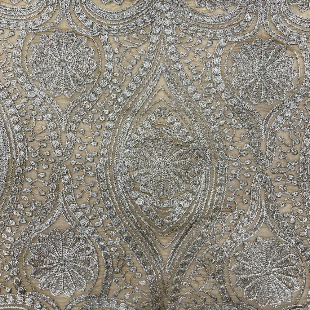 Metallic Silver Embroidered Floral Design on Beige Dupion 38" Width, view 1