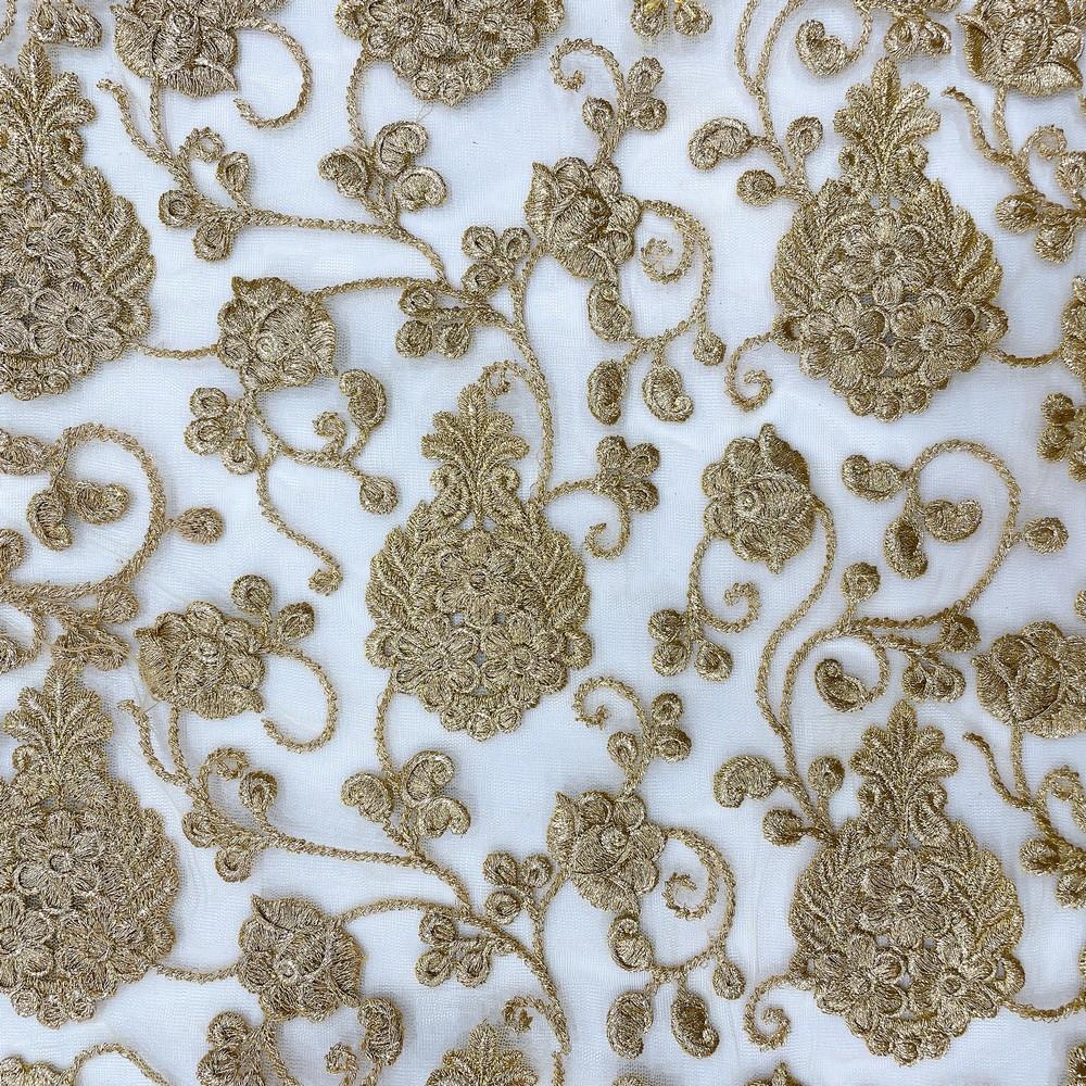 Luxurious Gold Floral Embroidery on Net Fabric 38" Width, view 1
