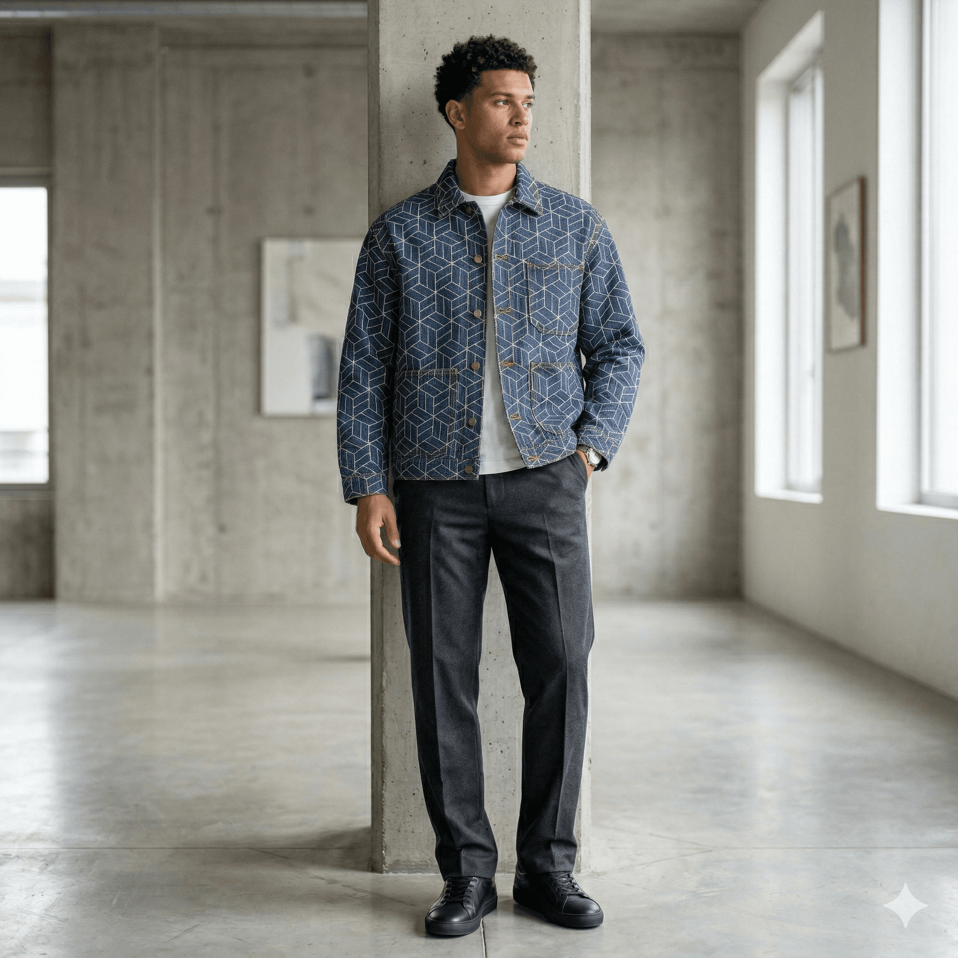9oz Blue 3D Isometric Cube Pattern Jacquard Denim Fabric, view 2