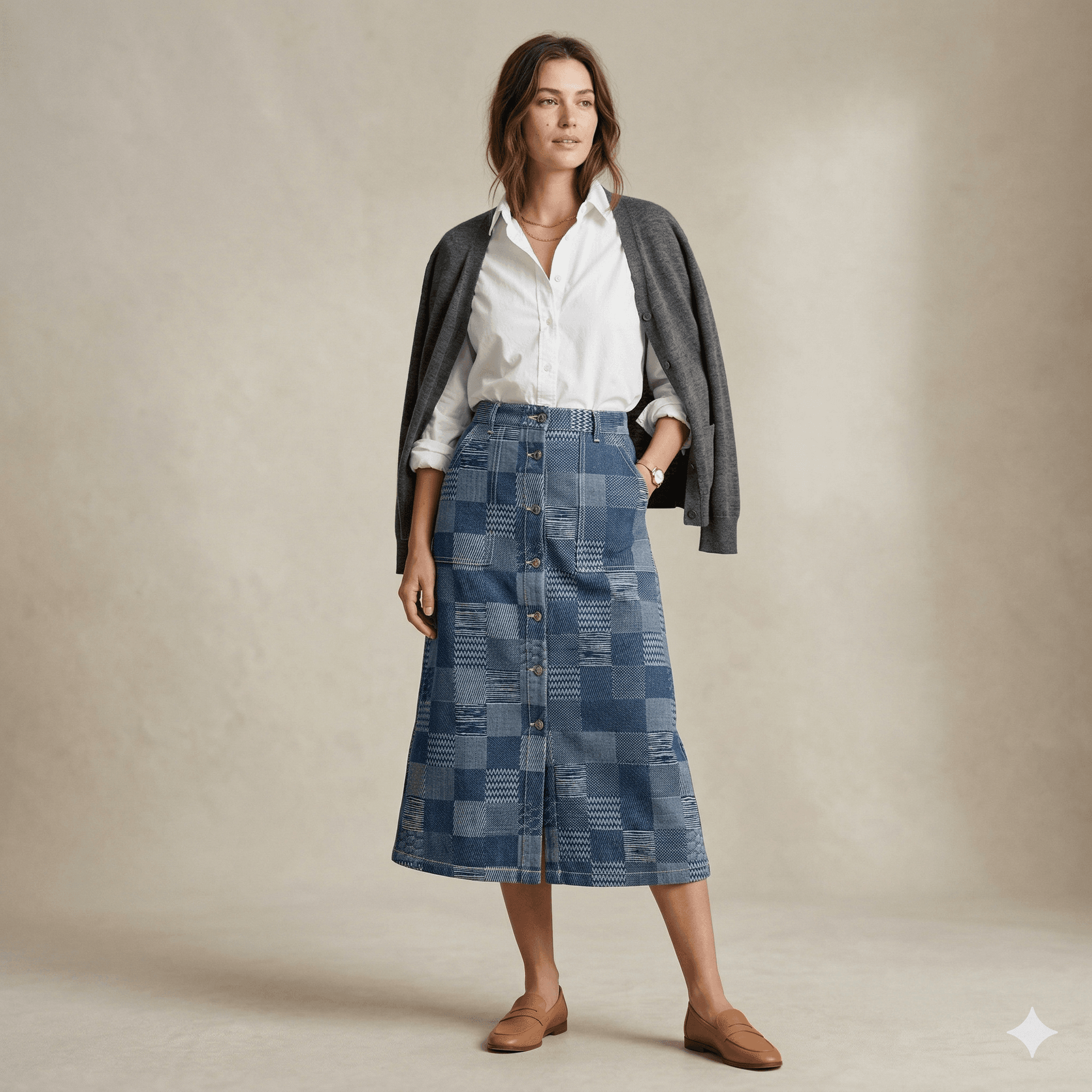 9oz Blue Distressed Grid Patchwork Jacquard Denim Fabric, view 2