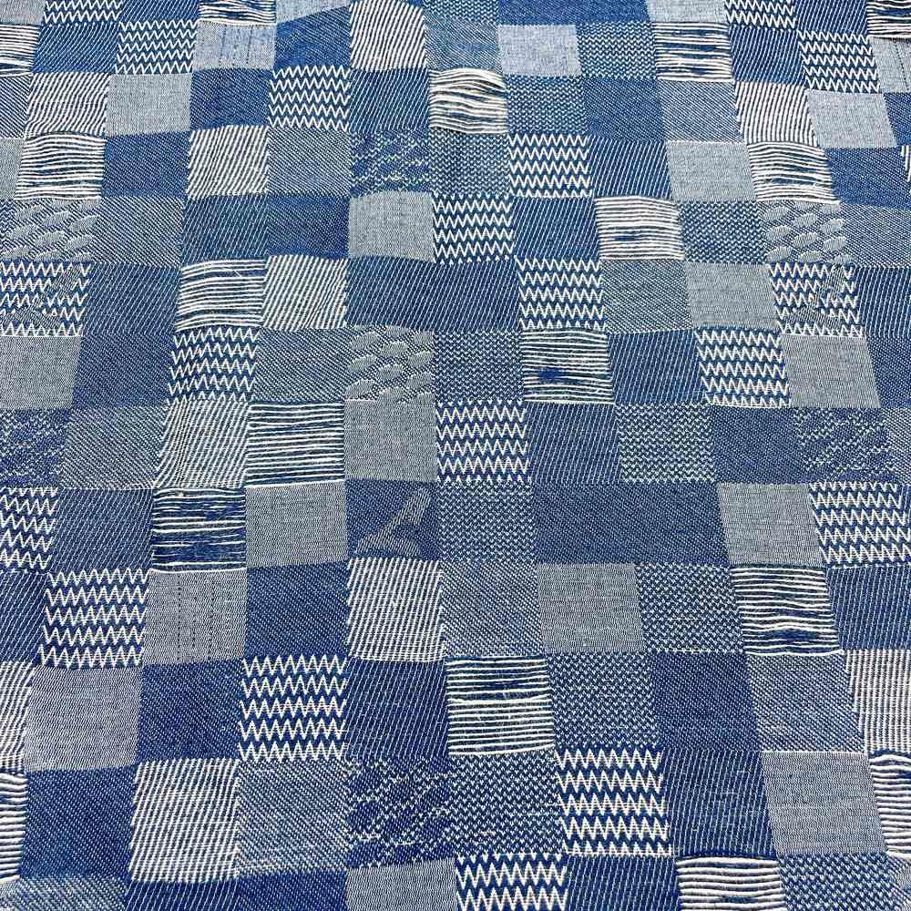 9oz Blue Distressed Grid Patchwork Jacquard Denim Fabric, view 1