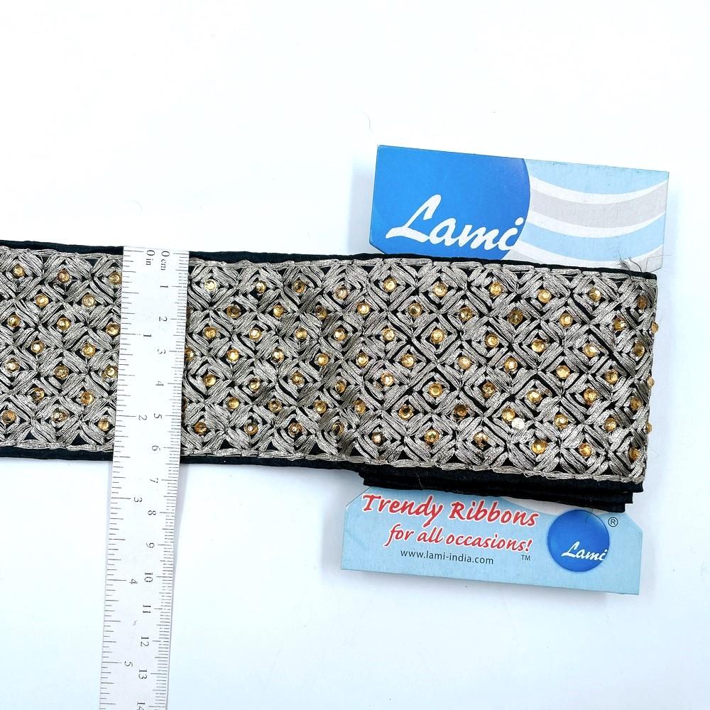 62mm Designer Silver Zari Embroidered Lace with Gold Stone Work – 1 Meter Pack, view 1