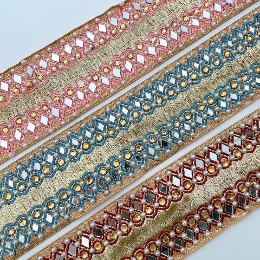 55mm Designer Mirror & Pearl Embroidered Jacquard Lace, view 3