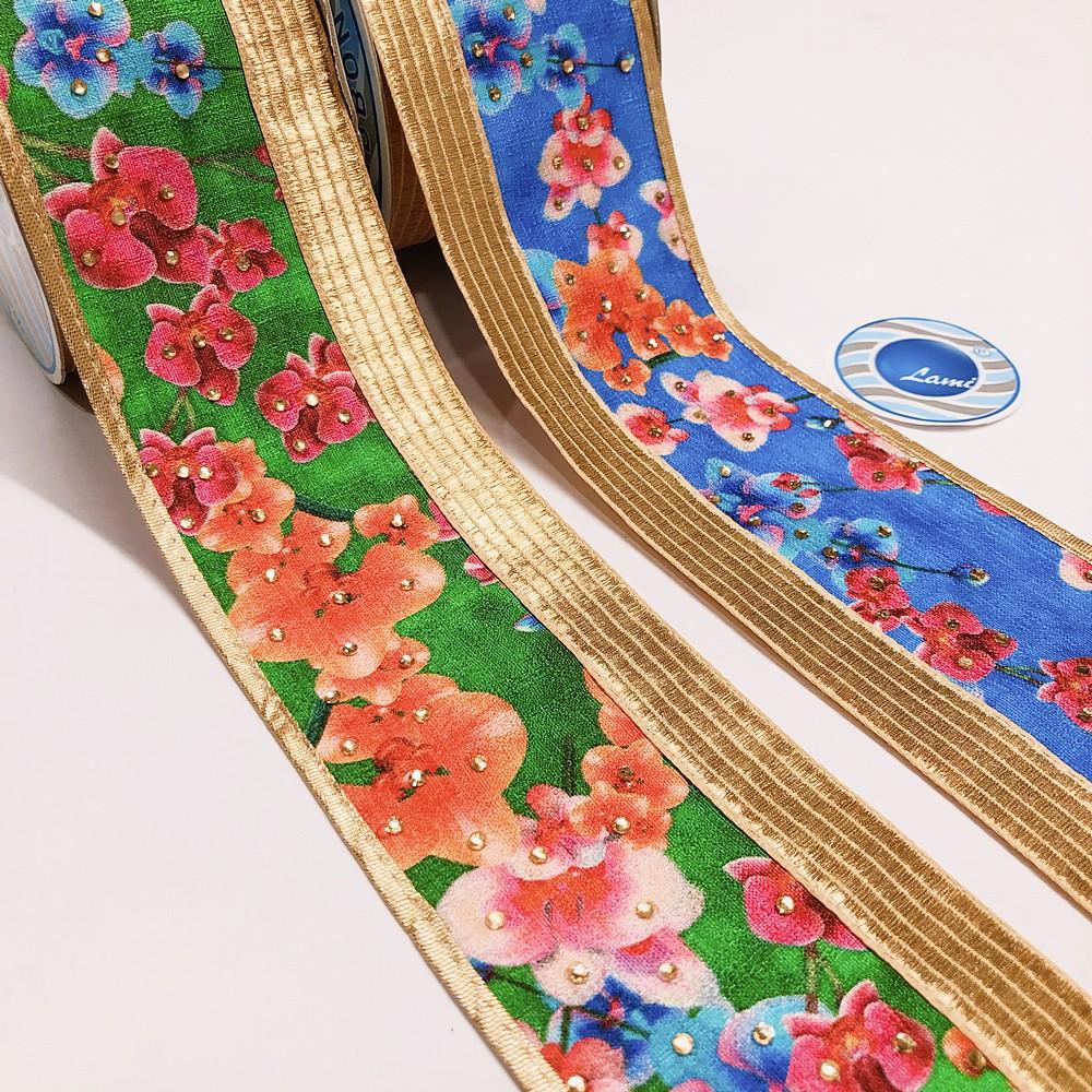 75mm Floral Printed Jacquard Ribbon with Stone Work & Golden Border, view 1