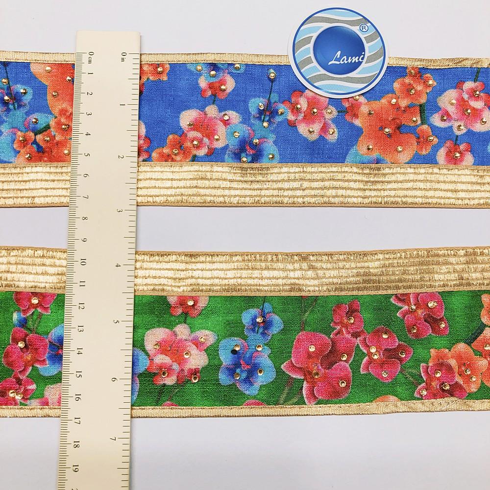 75mm Floral Printed Jacquard Ribbon with Stone Work & Golden Border, view 2