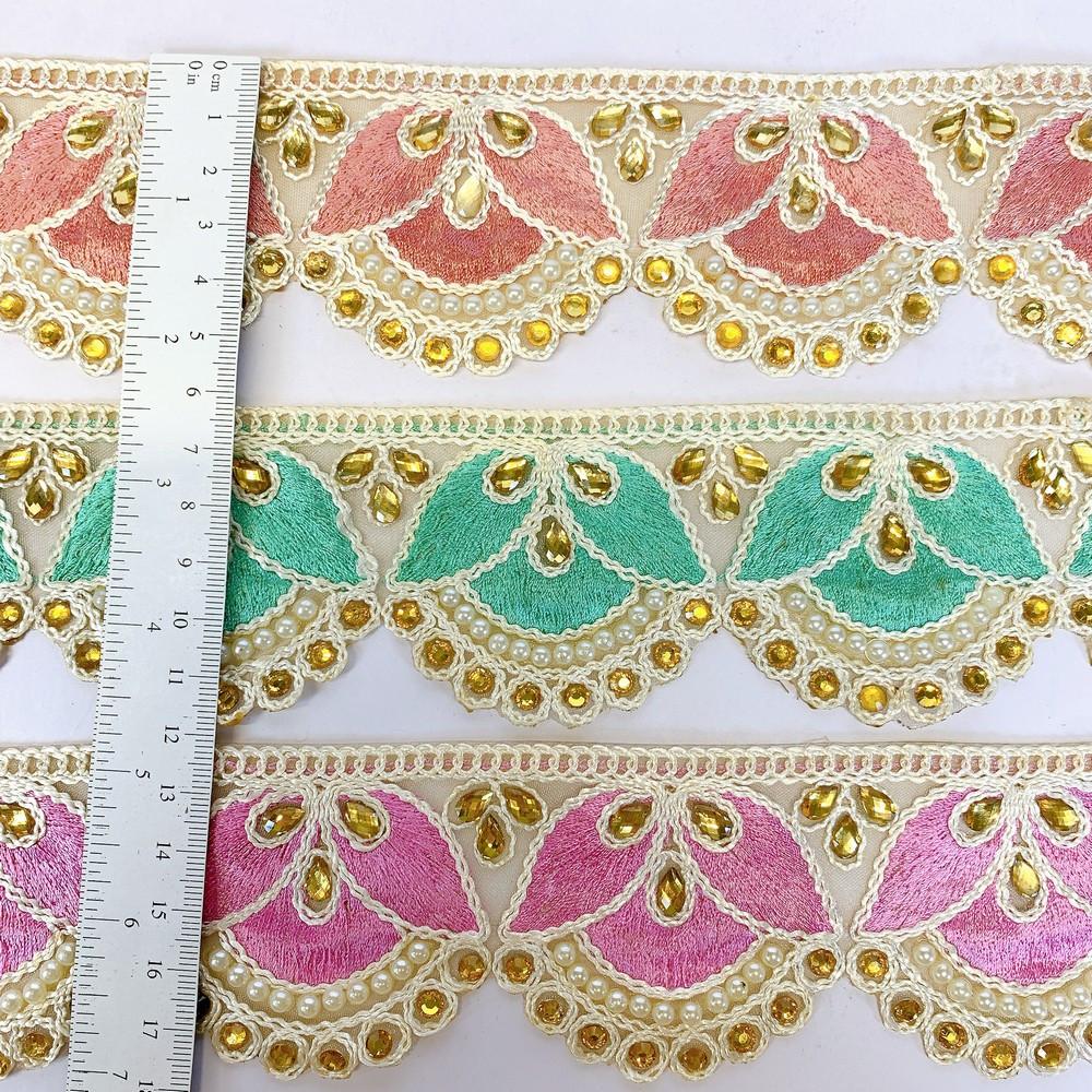 55mm Designer Cutwork Embroidery Lace With Stone Work, view 2