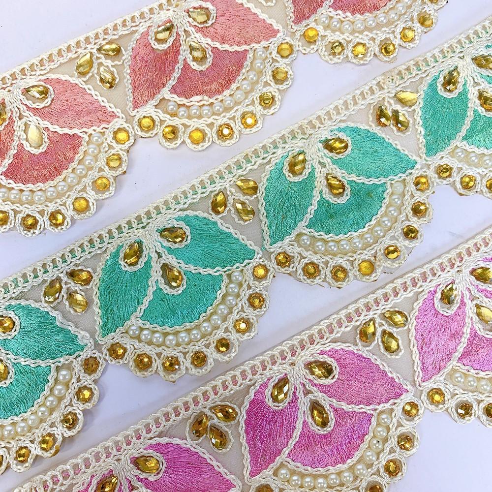 55mm Designer Cutwork Embroidery Lace With Stone Work, view 3