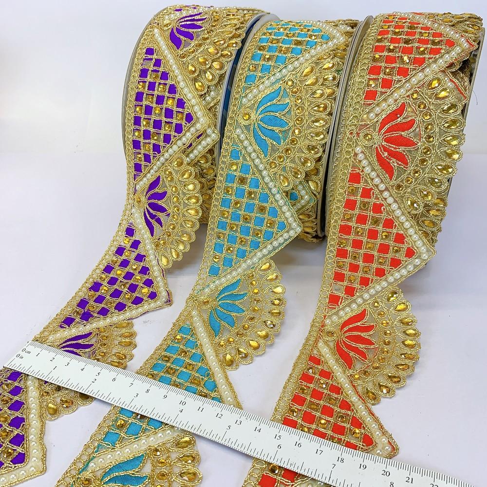 60mm Designer Cutwork Embroidery Lace With Stone Work, view 1