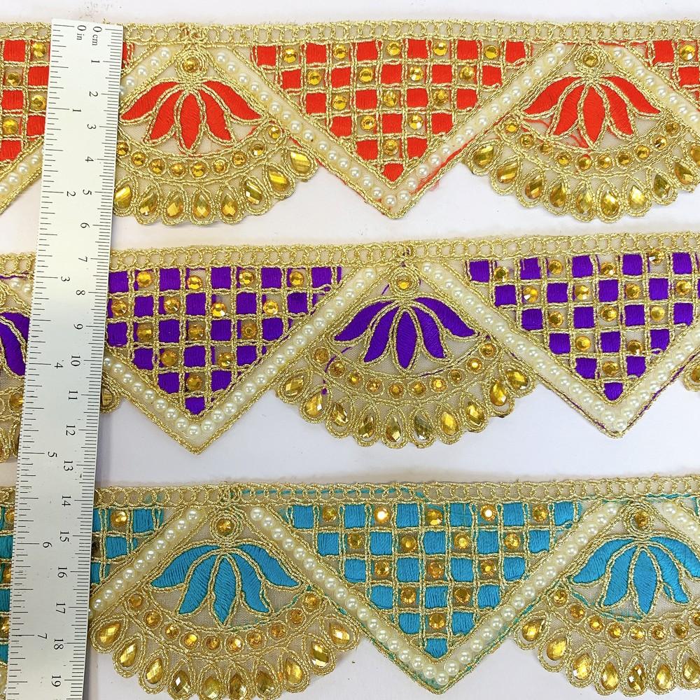 60mm Designer Cutwork Embroidery Lace With Stone Work, view 2