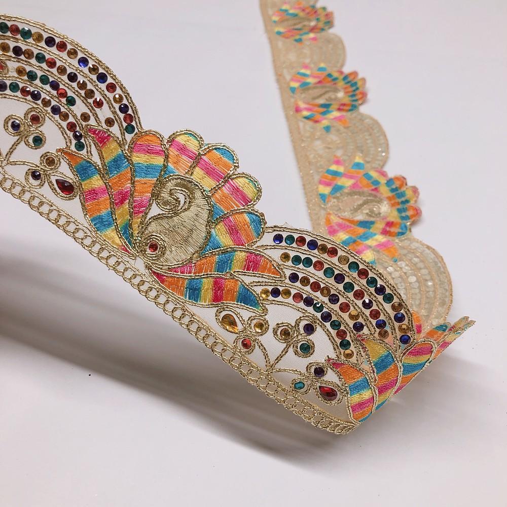 62 mm Designer Multicolour Threads Cutwork Dori Work Embroidery Lace With Stone Work, view 2