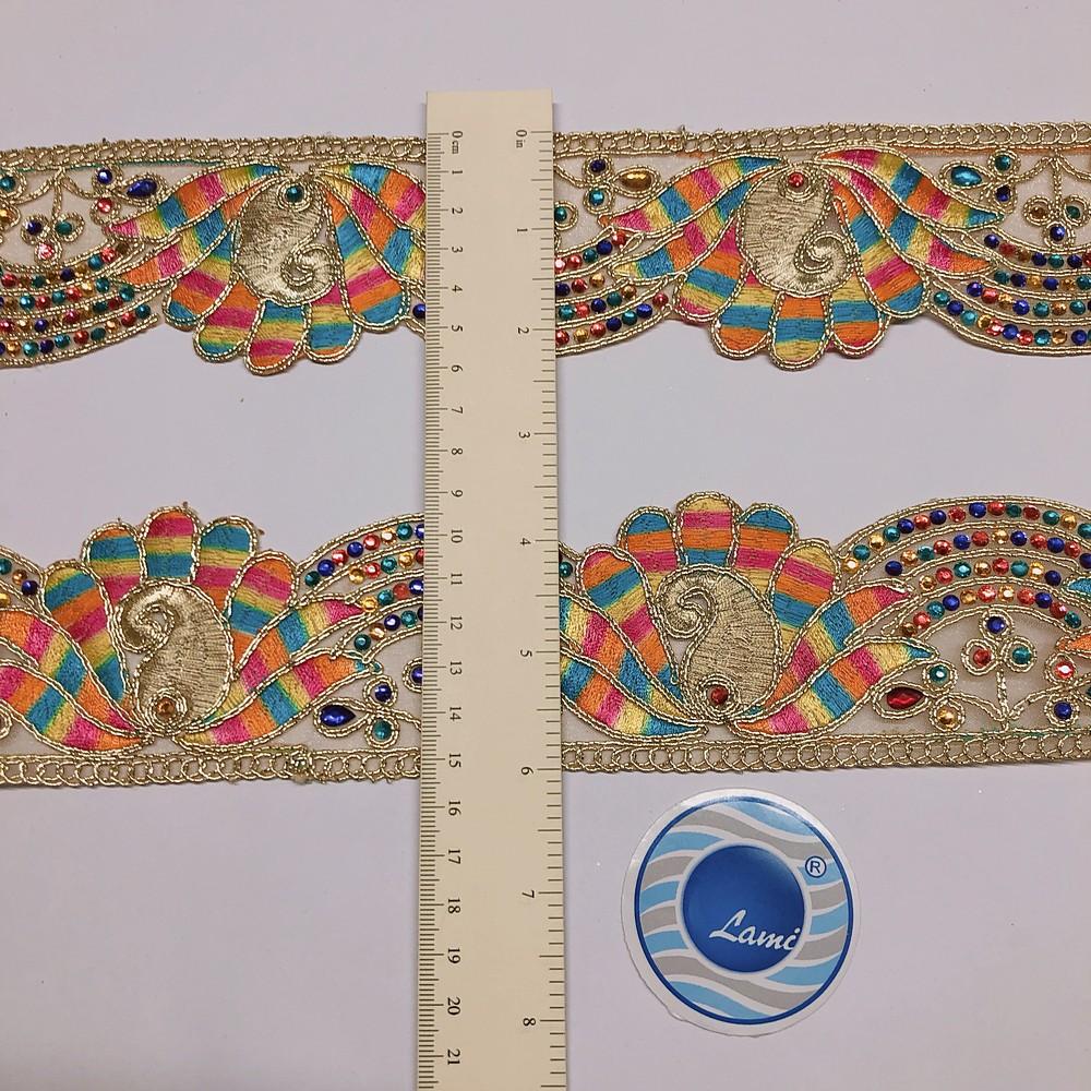 62 mm Designer Multicolour Threads Cutwork Dori Work Embroidery Lace With Stone Work, view 4