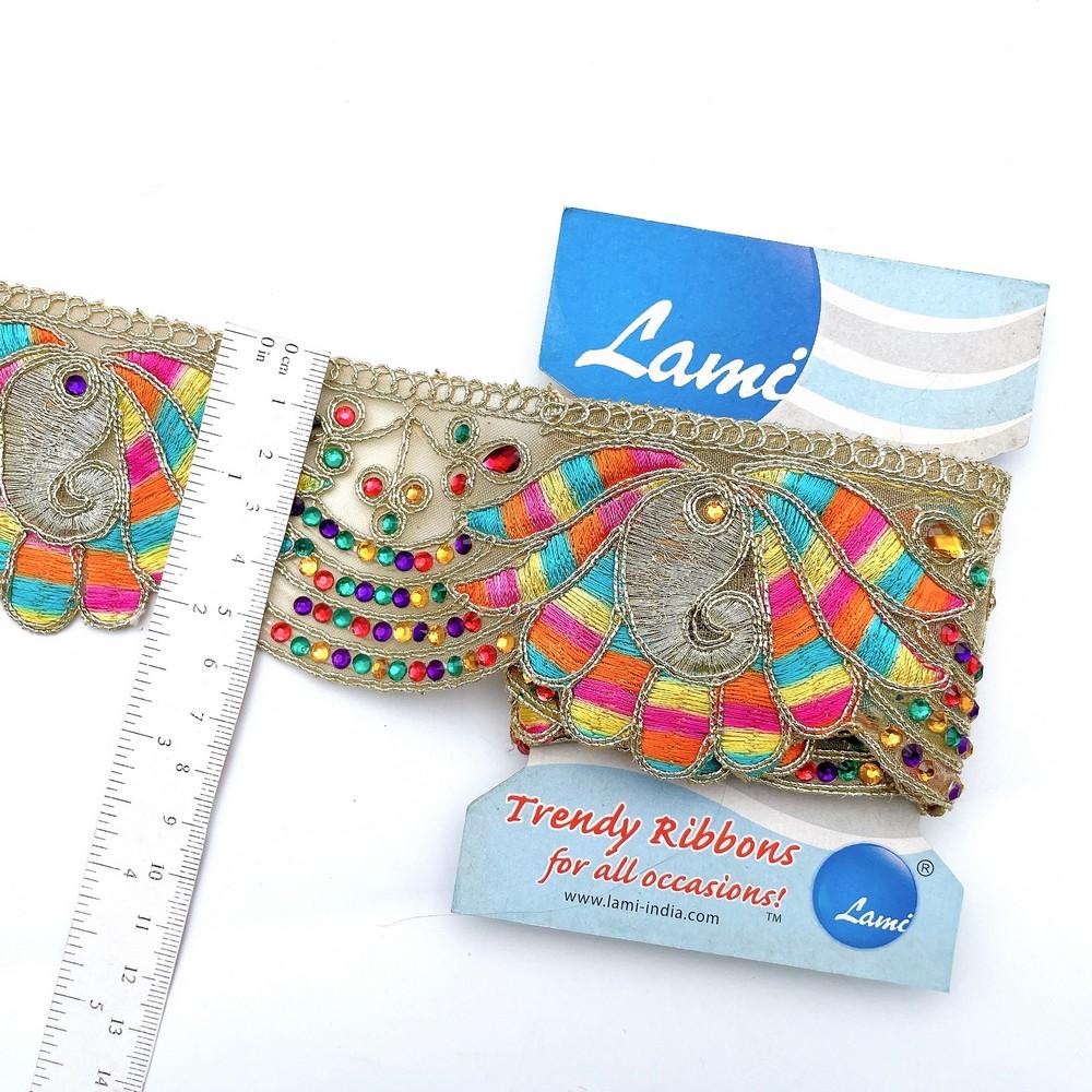 62 mm Designer Multicolour Threads Cutwork Dori Work Embroidery Lace With Stone Work, view 1