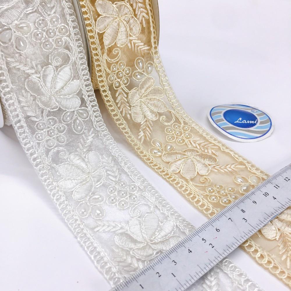 52 mm Dori Work Embroidery Lace with Moti Beads Work Border, view 3