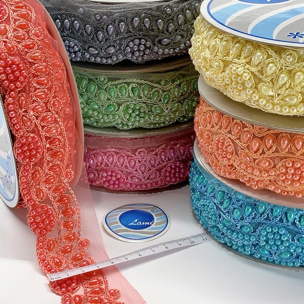 35mm Embroidered Beaded Lace Trim on Net, view 1