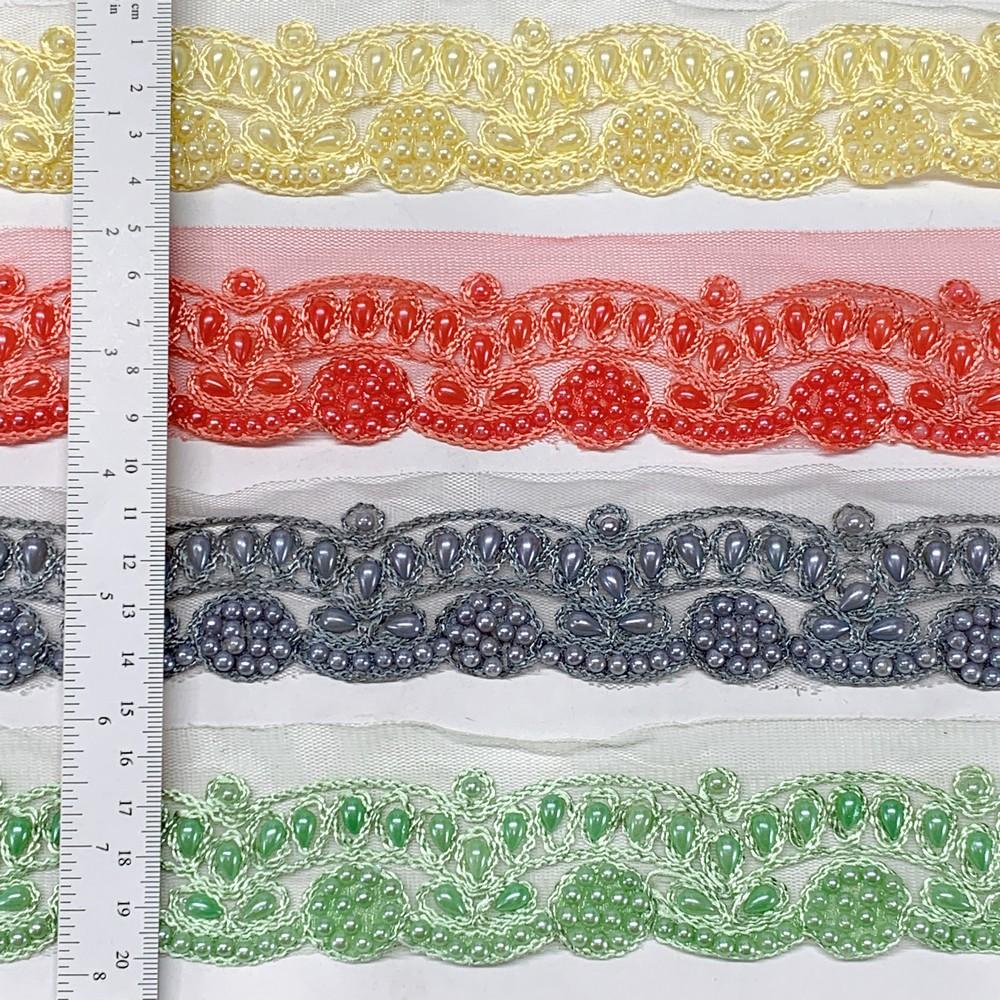 35mm Embroidered Beaded Lace Trim on Net, view 2