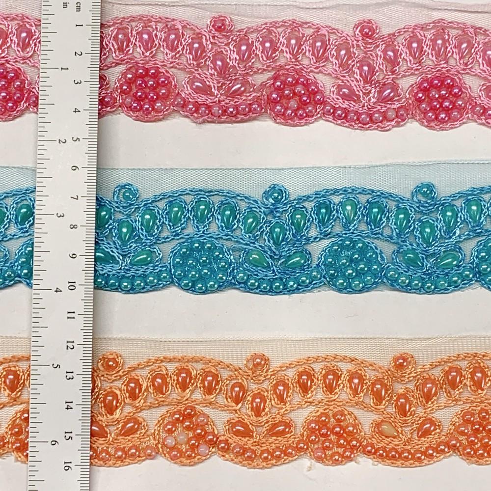 35mm Embroidered Beaded Lace Trim on Net, view 3
