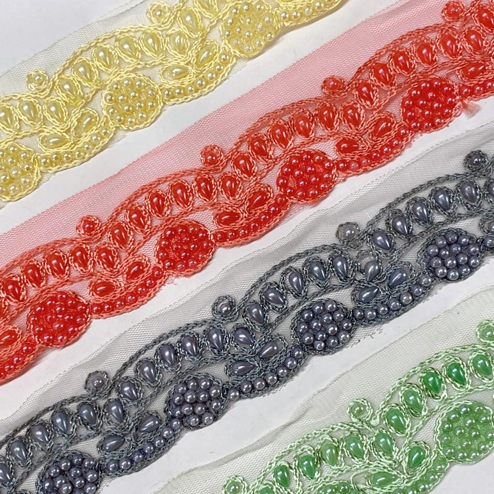 35mm Embroidered Beaded Lace Trim on Net, view 4