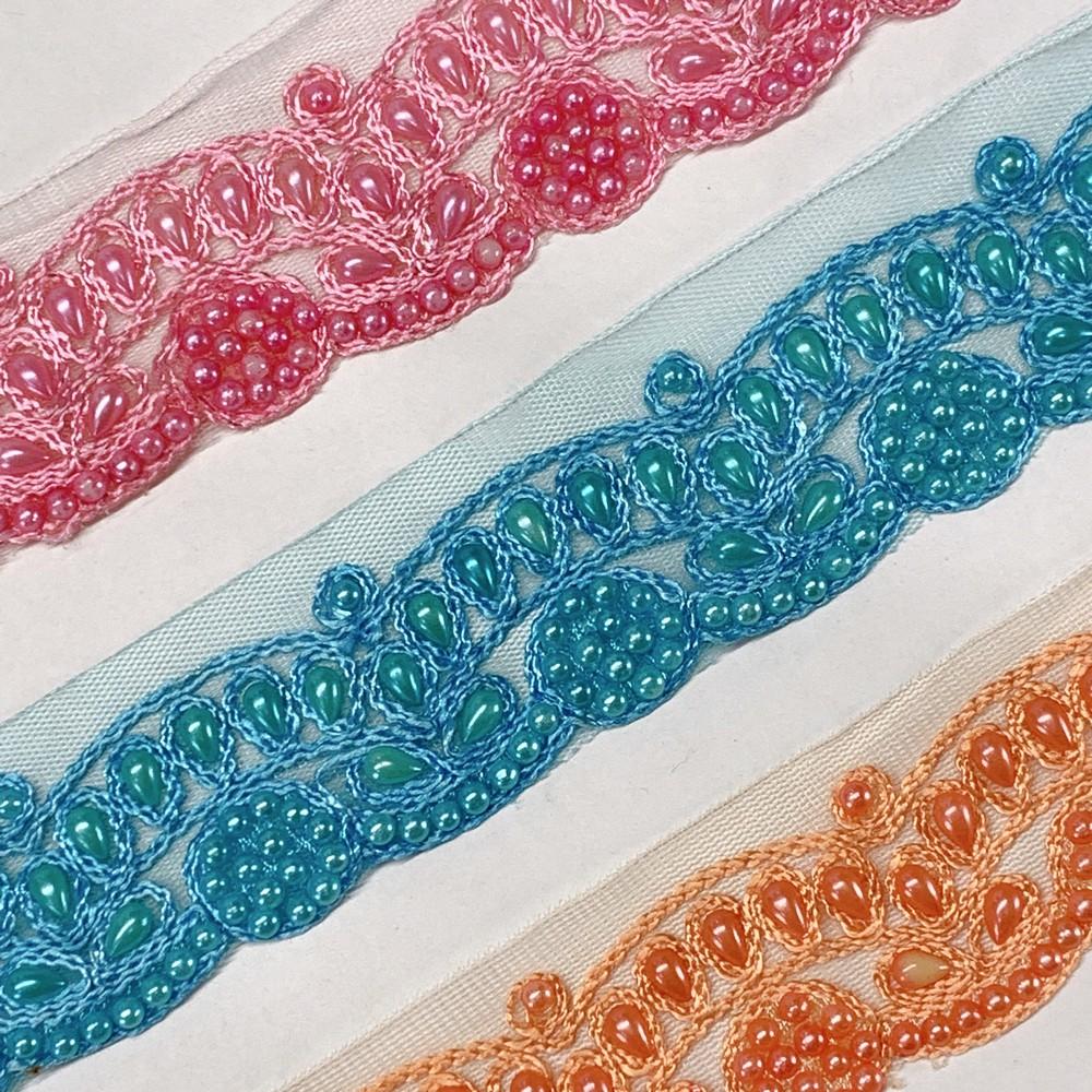 35mm Embroidered Beaded Lace Trim on Net, view 5