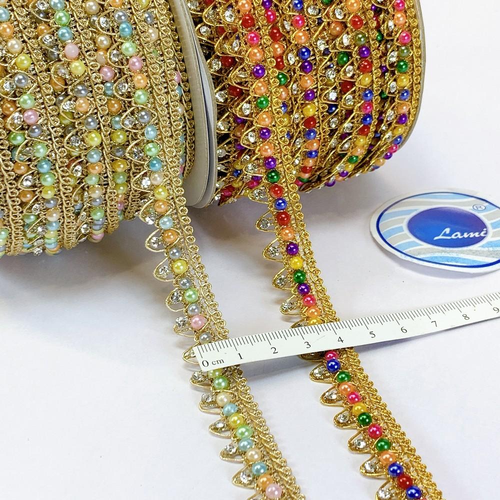 14mm Colorful Pearl and Stone Work Golden Crochet Lace, view 1