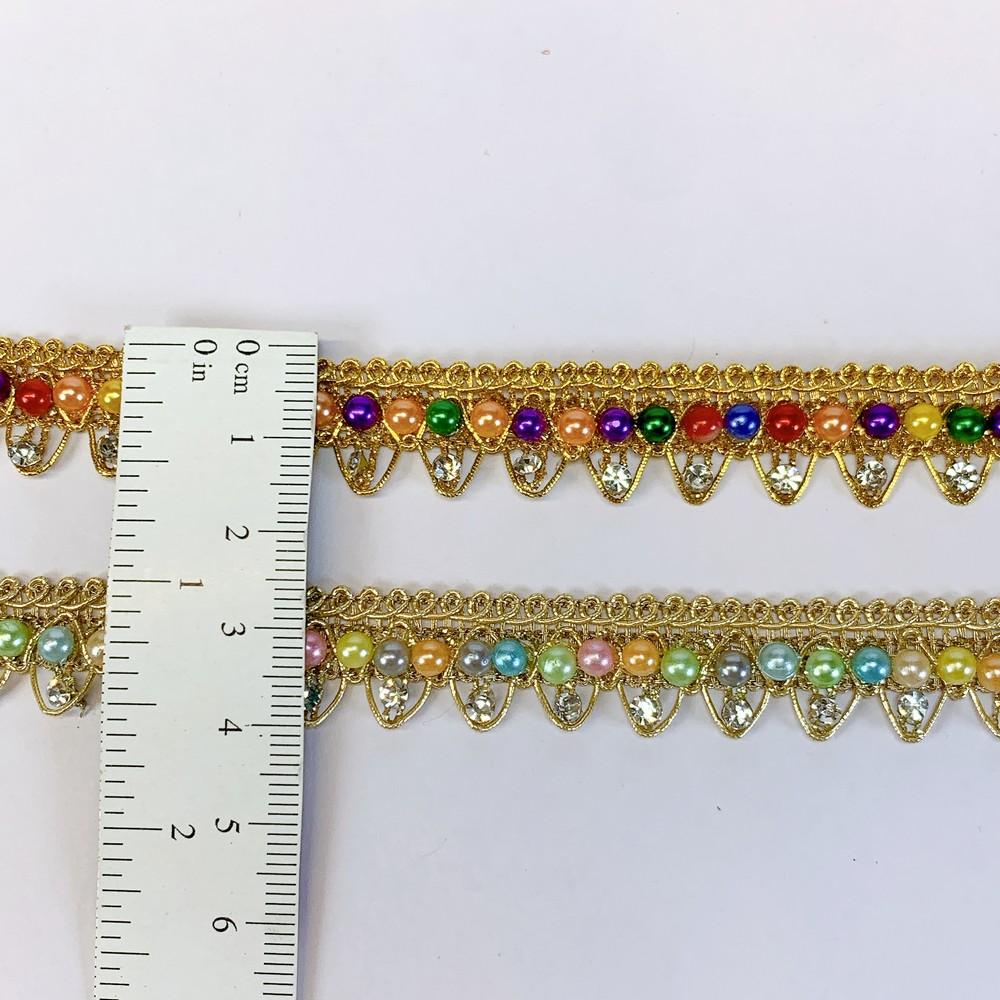 14mm Colorful Pearl and Stone Work Golden Crochet Lace, view 2