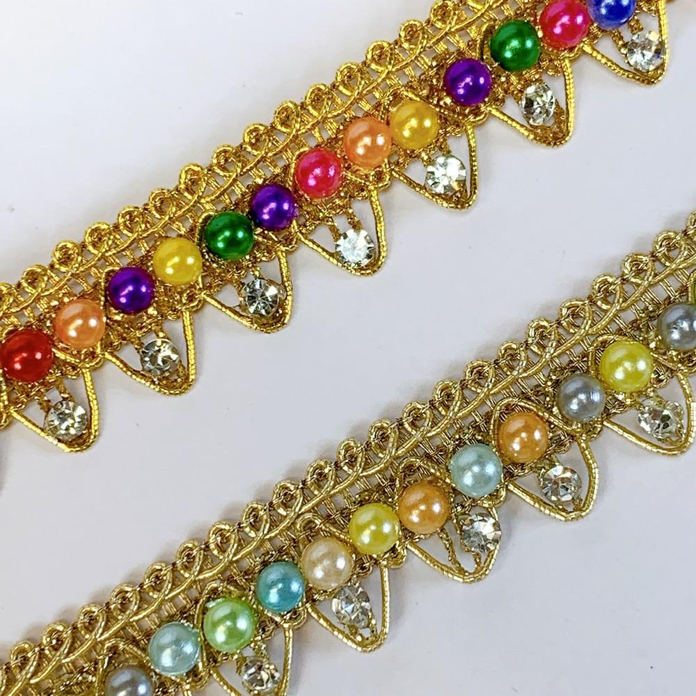 14mm Colorful Pearl and Stone Work Golden Crochet Lace, view 3
