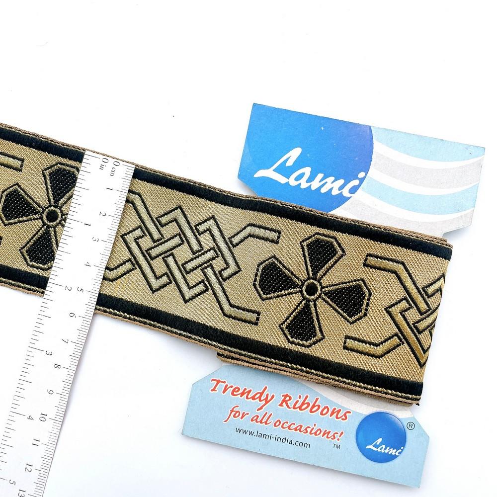 57mm Elegant Woven Jacquard Ribbon – Black & Gold Geometric Floral Design – 1 Meter Pack, view 1