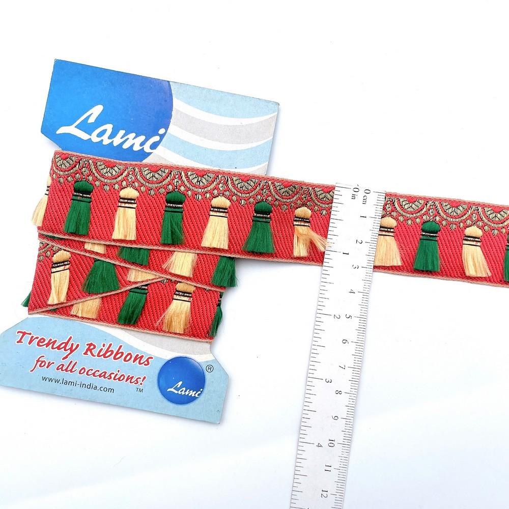 30mm Traditional Jacquard Tassel Design Ribbon – Red with Green & Gold Accents – 1 Meter Pack, view 1