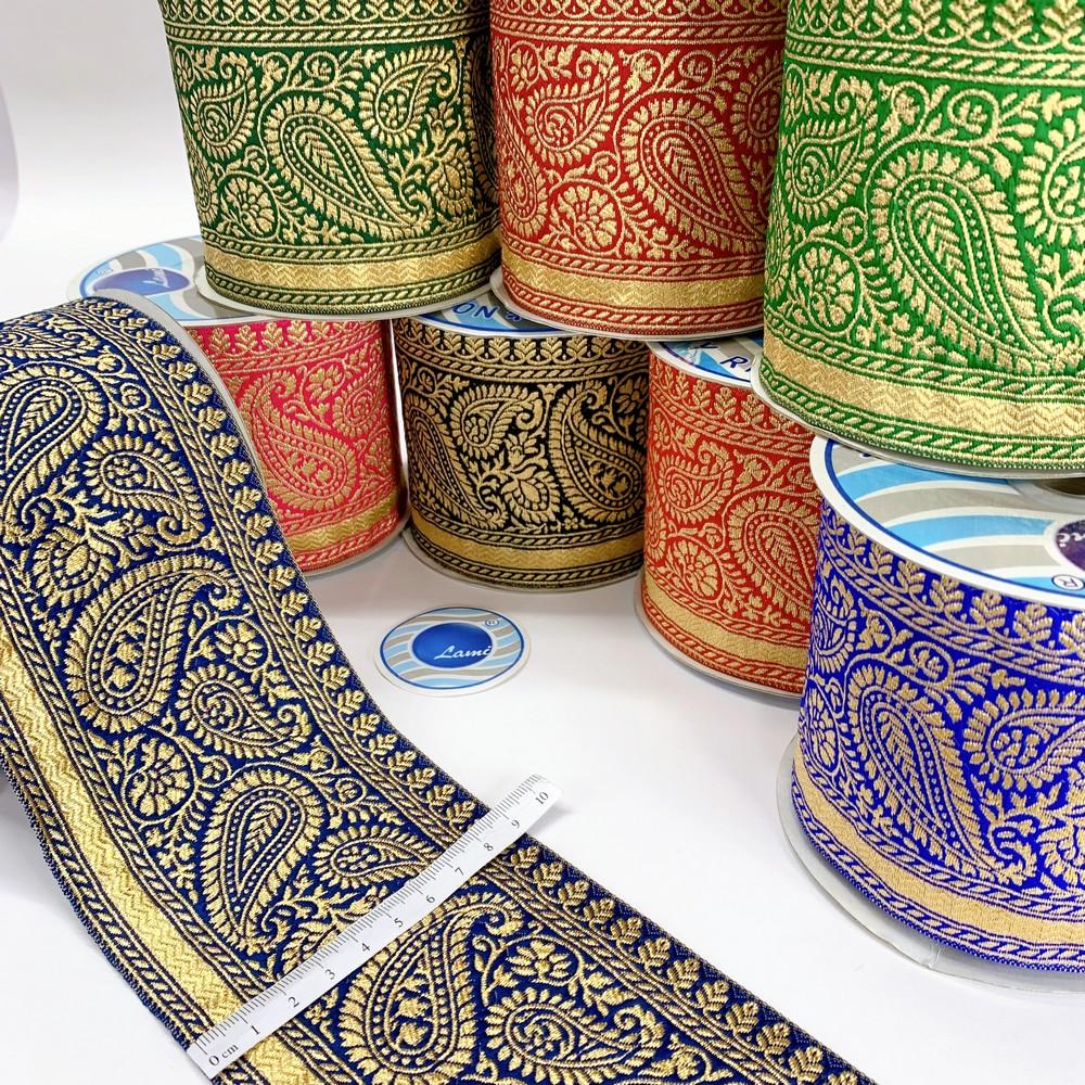 90mm Designer Foral Golden Zari Banarsi Lace, view 1