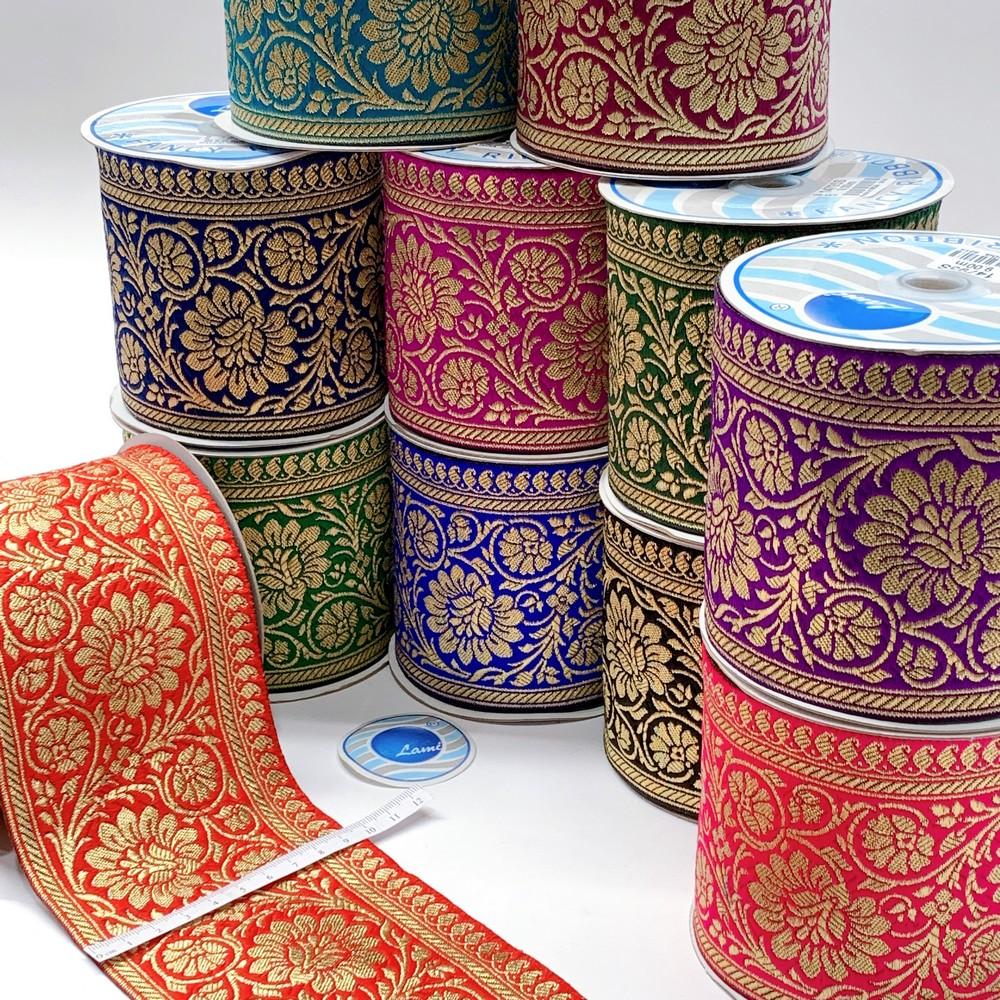 100mm Designer Foral Golden Banarasi Lace, view 1