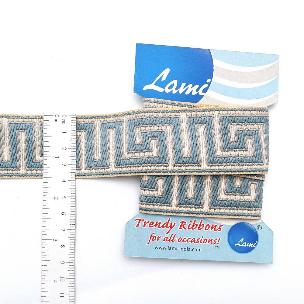 40mm Classic Maze Pattern Jacquard Ribbon – Beige & Blue Tones – 1 Meter Pack, view 1